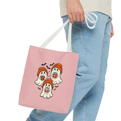 "Spooky Coffee Squad" Cute Ghosts With Beanies Polyester Tote Bag