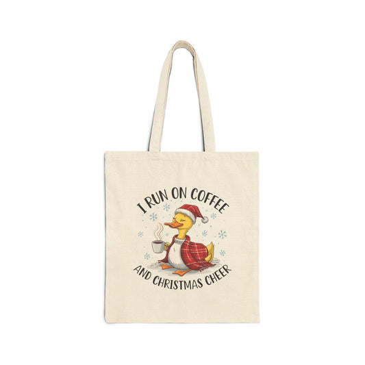 "I Run On Coffee And Christmas Cheer" Cozy Duck Coffee Lover Cotton Canvas Tote Bag