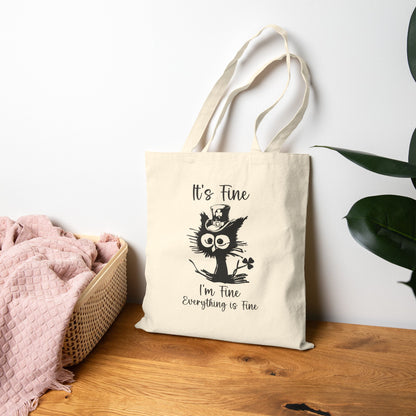 "It's Fine I'm Fine Everything is Fine" St. Patrick's Day Cat Cotton Canvas Tote Bag