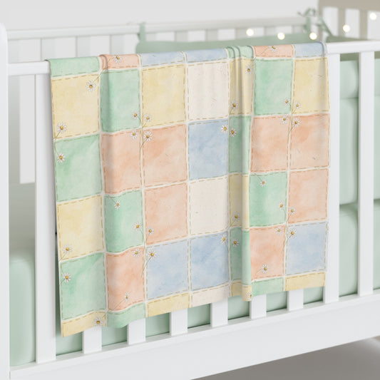 Pastel Watercolor Grid Baby Swaddle Blanket – Soft Newborn Wrap with Daisies