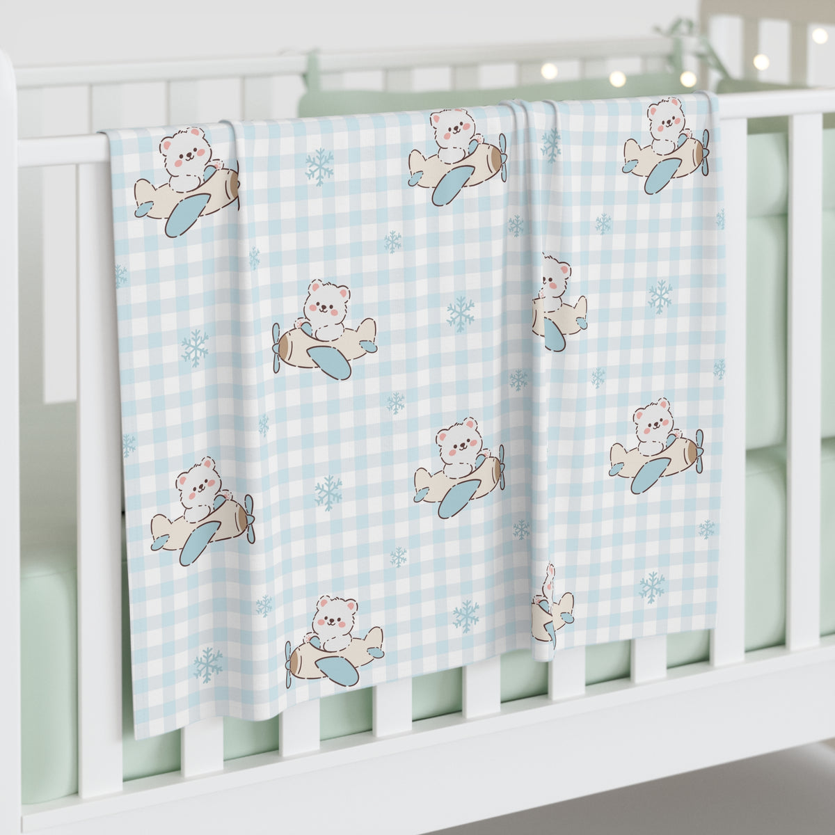 Winter Aviator Bear Gingham Baby Swaddle Blanket – Soft Snowflake Airplane Wrap