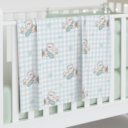 Winter Aviator Bear Gingham Baby Swaddle Blanket – Soft Snowflake Airplane Wrap