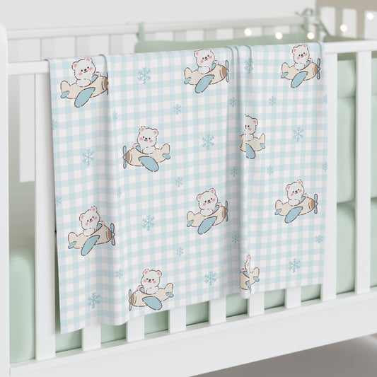 Winter Aviator Bear Gingham Baby Swaddle Blanket – Soft Snowflake Airplane Wrap