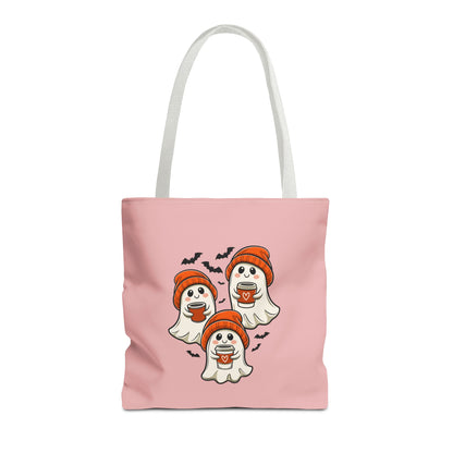 "Spooky Coffee Squad" Cute Ghosts With Beanies Polyester Tote Bag