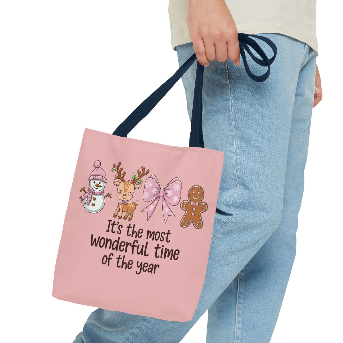 "It's The Most Wonderful Time Of The Year" Pink Holiday Icons Polyester Tote Bag