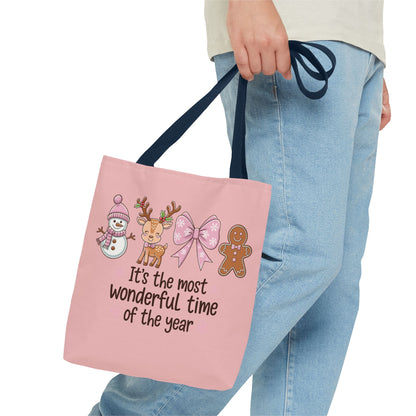 "It's The Most Wonderful Time Of The Year" Pink Holiday Icons Polyester Tote Bag