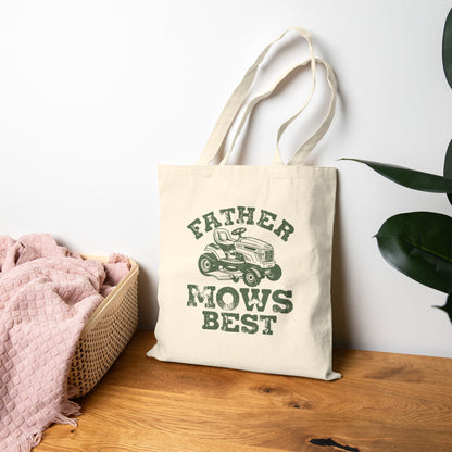 "Father Mows Best" Lawn Mower Funny Father's Day Cotton Canvas Tote Bag