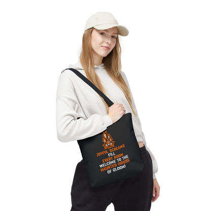 Halloween Haunted House Tote Bag — "Joyful Screams" Trick-or-Treat Reusable Shopper