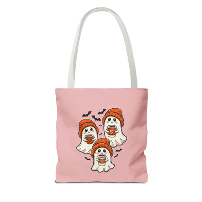 "Spooky Coffee Squad" Cute Ghosts With Beanies Polyester Tote Bag