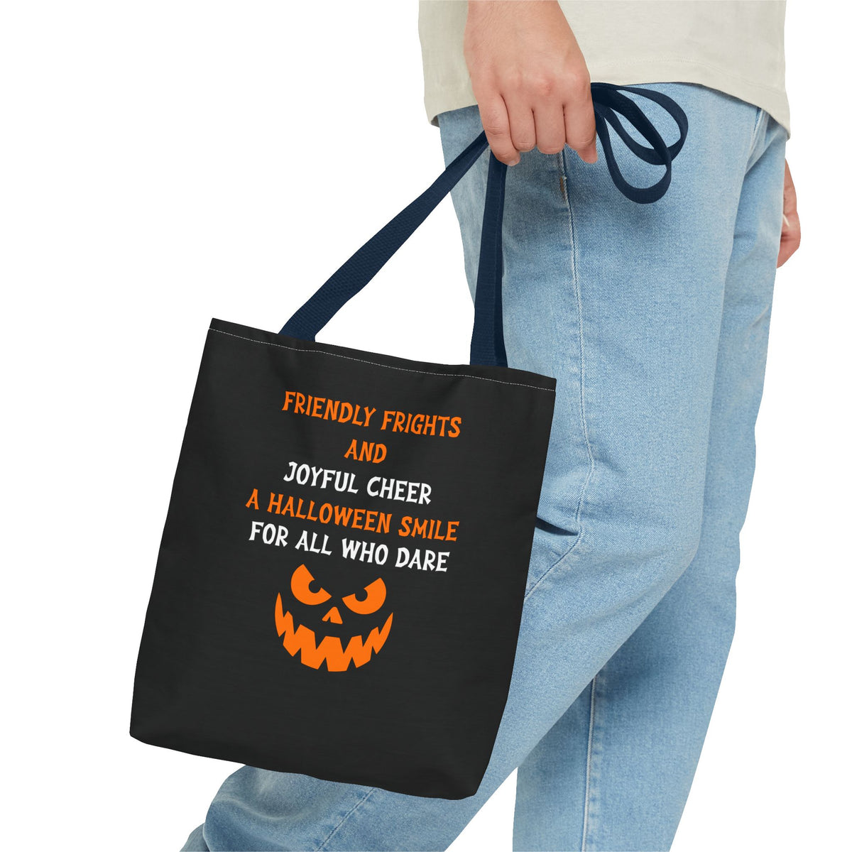 Halloween Jack-O'-Lantern Tote Bag — "Friendly Frights and Joyful Cheer" Trick-or-Treat Reusable Shopper