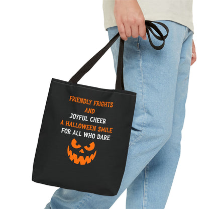 Halloween Jack-O'-Lantern Tote Bag — "Friendly Frights and Joyful Cheer" Trick-or-Treat Reusable Shopper