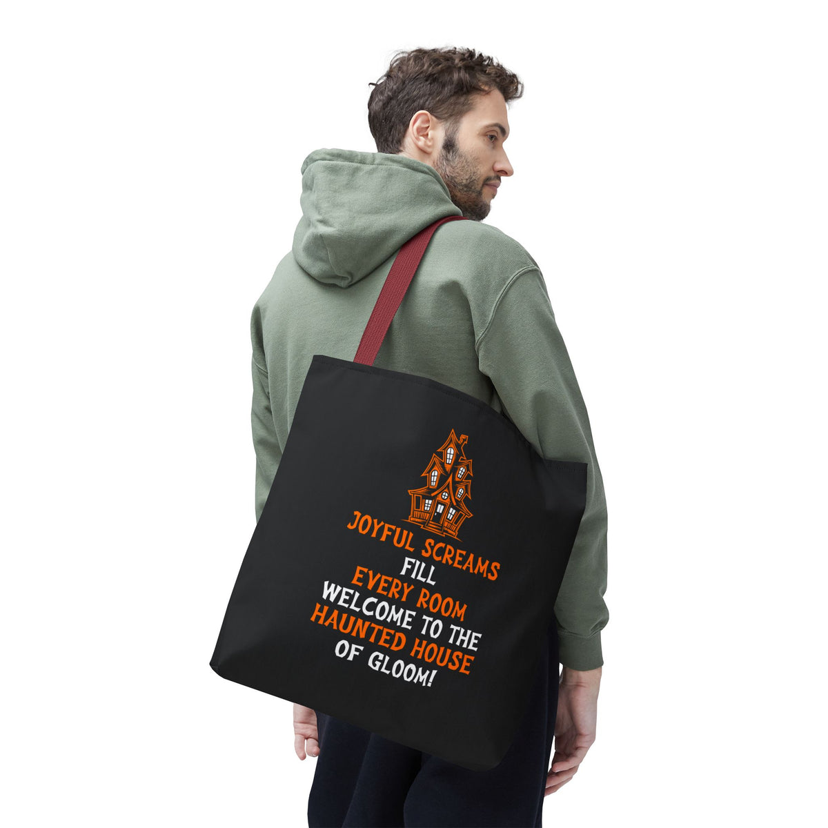 Halloween Haunted House Tote Bag — "Joyful Screams" Trick-or-Treat Reusable Shopper