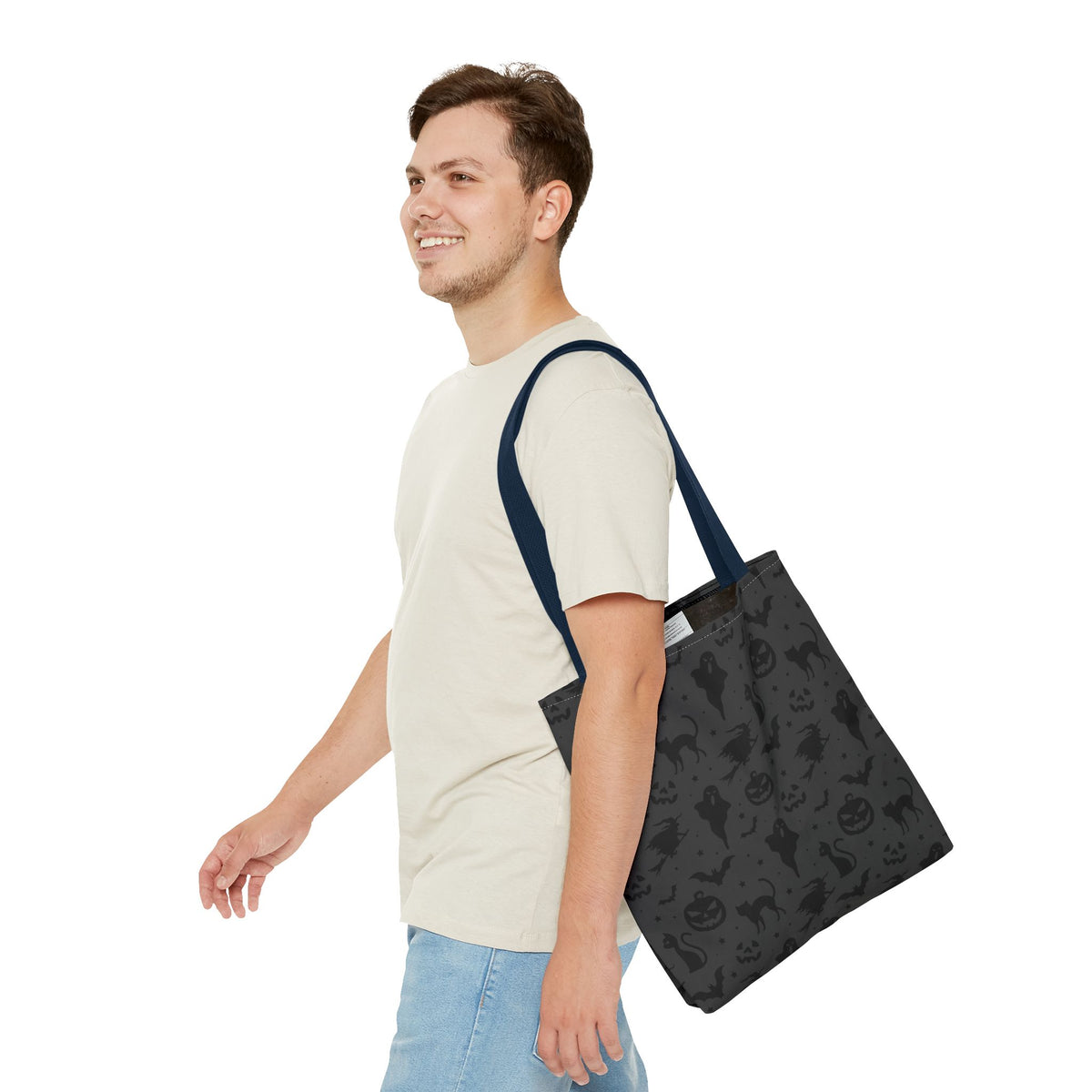 Midnight Spooky Halloween Pattern Tote Bag | Moody Dark Grey Shopper