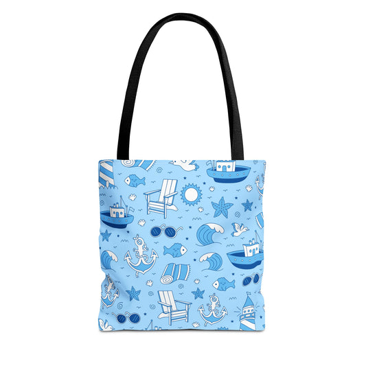 Nautical Coastal Pattern Tote Bag | Blue & White Beach Day Shopper