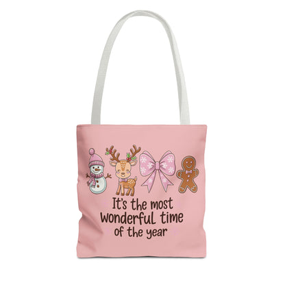 "It's The Most Wonderful Time Of The Year" Pink Holiday Icons Polyester Tote Bag