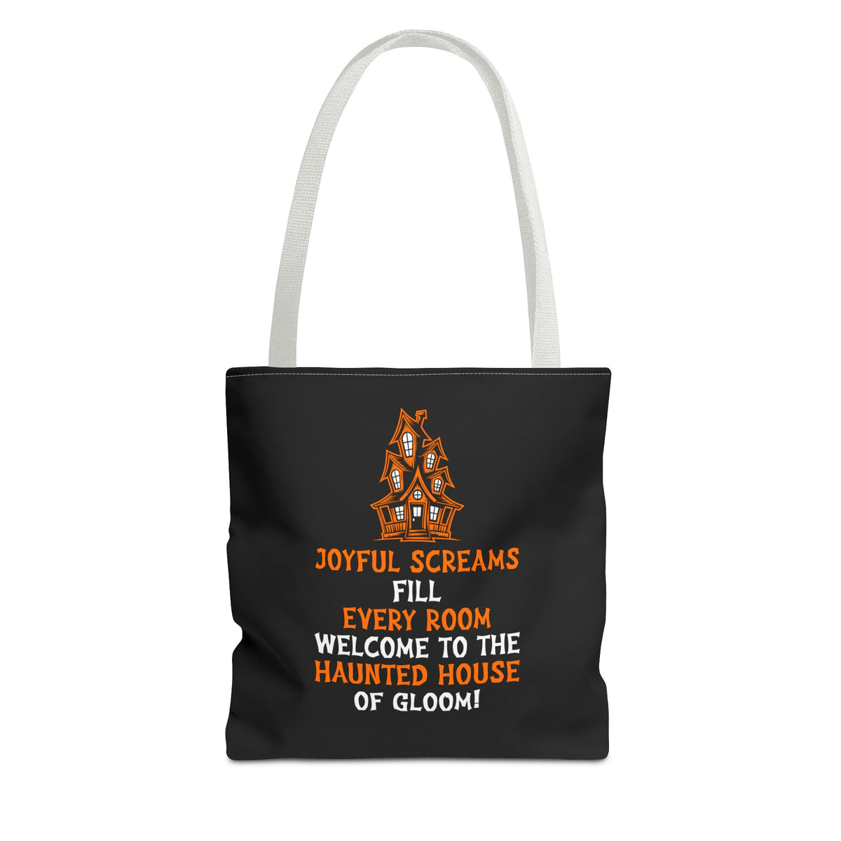 Halloween Haunted House Tote Bag — "Joyful Screams" Trick-or-Treat Reusable Shopper