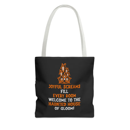 Halloween Haunted House Tote Bag — "Joyful Screams" Trick-or-Treat Reusable Shopper