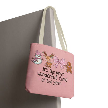 "It's The Most Wonderful Time Of The Year" Pink Holiday Icons Polyester Tote Bag