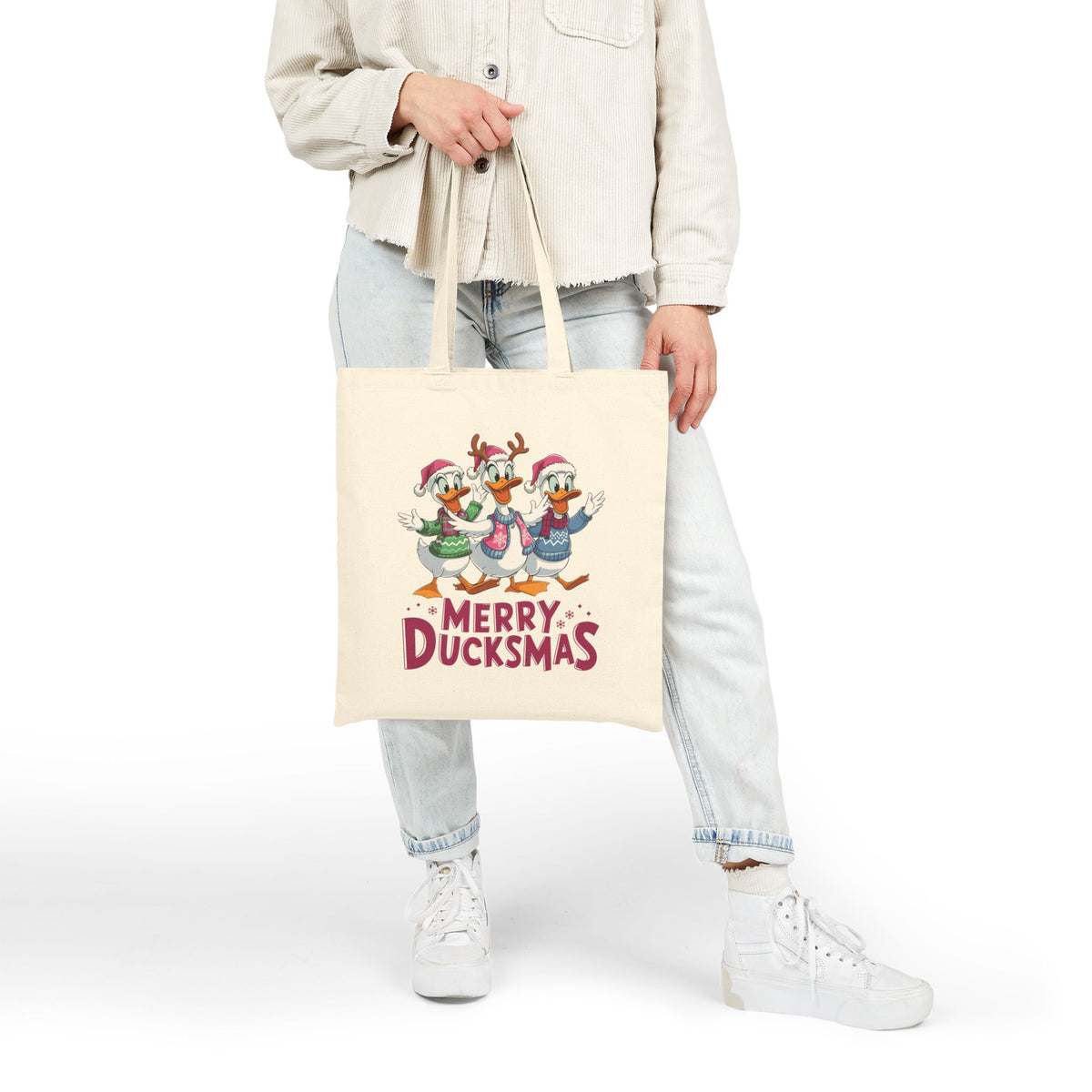 "Merry Ducksmtb" Festive Holiday Trio Ducks Cotton Canvas Tote Bag