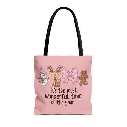 "It's The Most Wonderful Time Of The Year" Pink Holiday Icons Polyester Tote Bag
