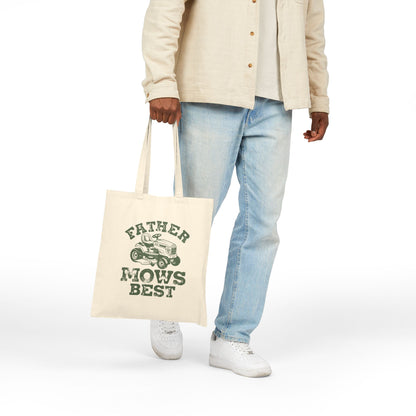 "Father Mows Best" Lawn Mower Funny Father's Day Cotton Canvas Tote Bag