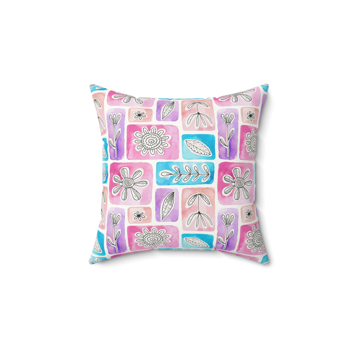Watercolor Botanical Blocks Faux Suede Square Pillow | Minimalist Floral Accent Cushion