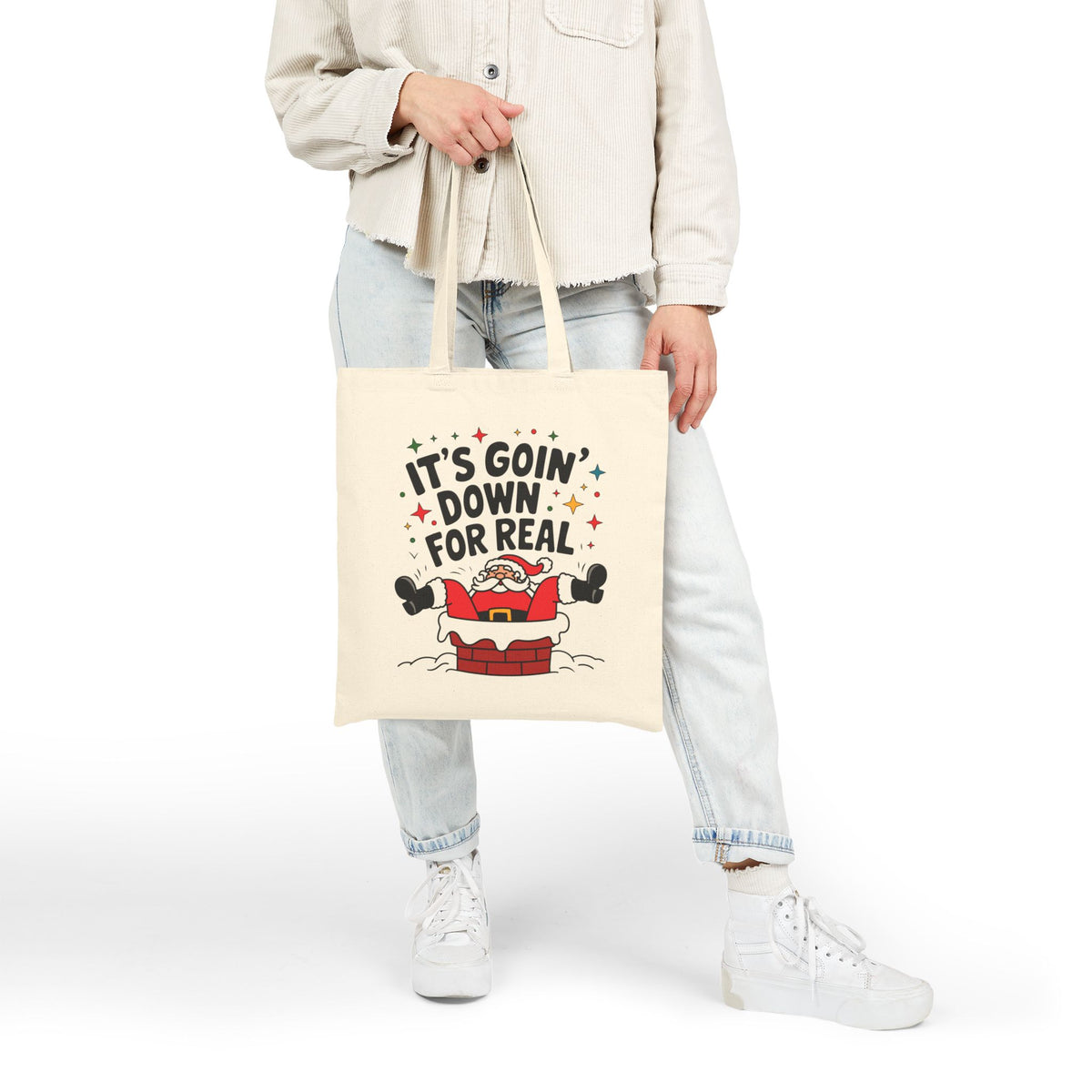 "It's Goin' Down For Real" Santa Stuck in Chimney Funny Christmas Cotton Canvas Tote Bag