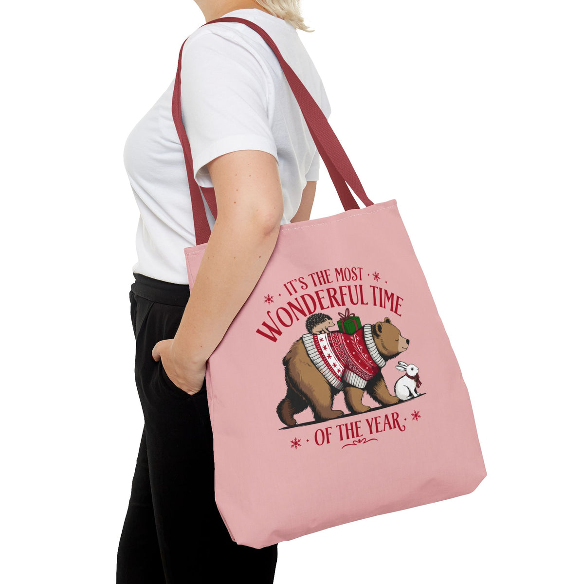 "It's The Most Wonderful Time Of The Year" Woodland Animals Holiday Sweater Polyester Tote Bag