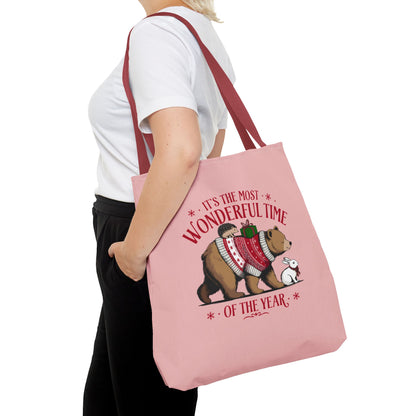 "It's The Most Wonderful Time Of The Year" Woodland Animals Holiday Sweater Polyester Tote Bag