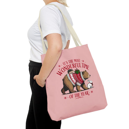 "It's The Most Wonderful Time Of The Year" Woodland Animals Holiday Sweater Polyester Tote Bag