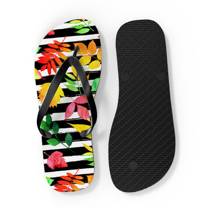 Autumn Leaves on Black Stripes Flip Flops — Fall Sandals