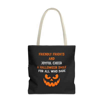 Halloween Jack-O'-Lantern Tote Bag — "Friendly Frights and Joyful Cheer" Trick-or-Treat Reusable Shopper