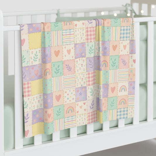 Pastel Patchwork Baby Swaddle Blanket – Soft Newborn Wrap with Hearts & Rainbows