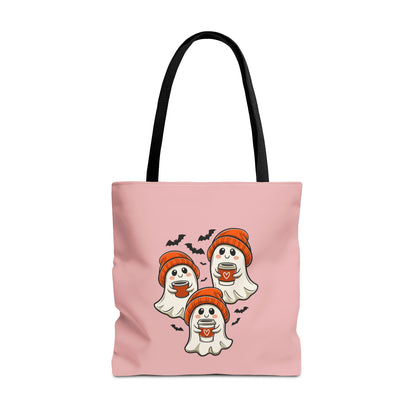 "Spooky Coffee Squad" Cute Ghosts With Beanies Polyester Tote Bag