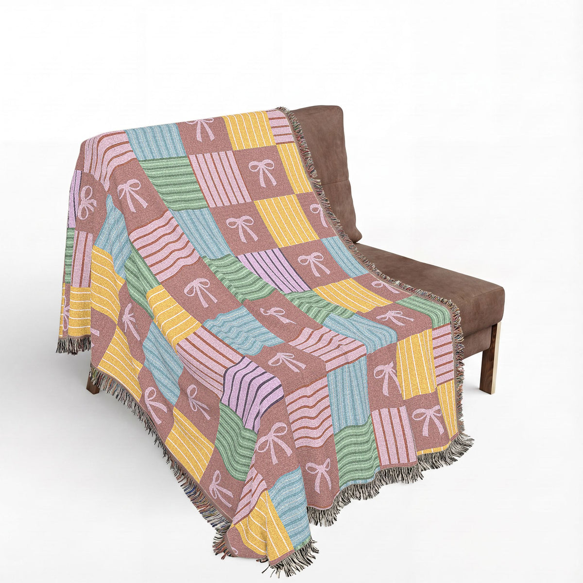 Cozy Patchwork & Pink Bows Woven Throw Blanket