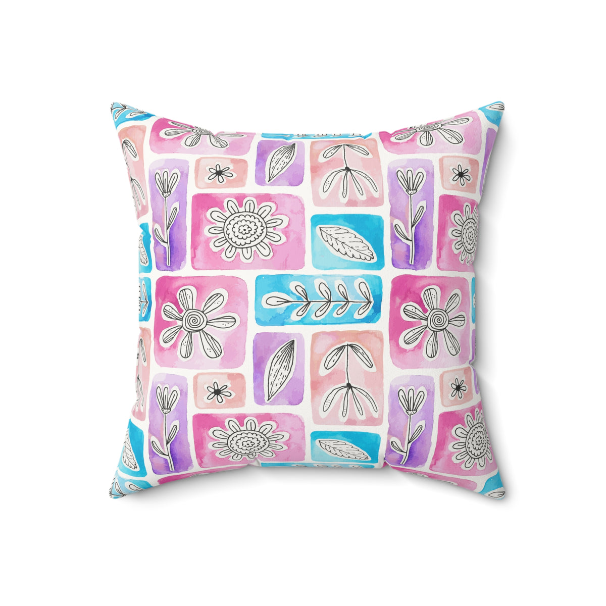 Watercolor Botanical Blocks Faux Suede Square Pillow | Minimalist Floral Accent Cushion