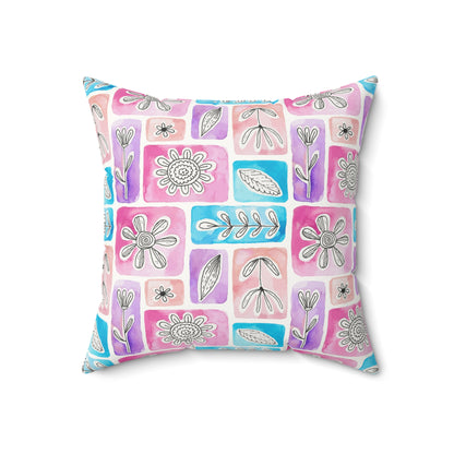 Watercolor Botanical Blocks Faux Suede Square Pillow | Minimalist Floral Accent Cushion