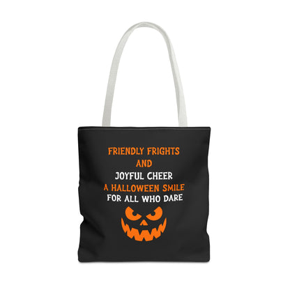 Halloween Jack-O'-Lantern Tote Bag — "Friendly Frights and Joyful Cheer" Trick-or-Treat Reusable Shopper