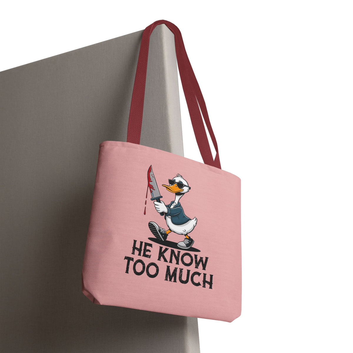 "He Know Too Much" Chaos Duck With Knife Funny Polyester Tote Bag