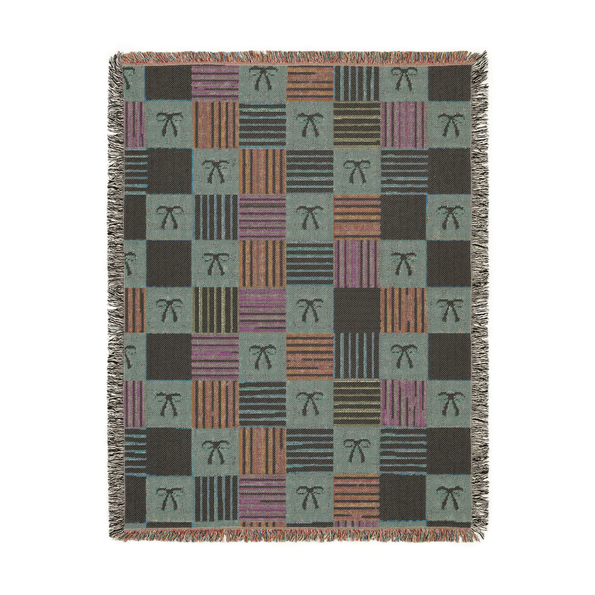 Cozy Patchwork & Pink Bows Woven Throw Blanket