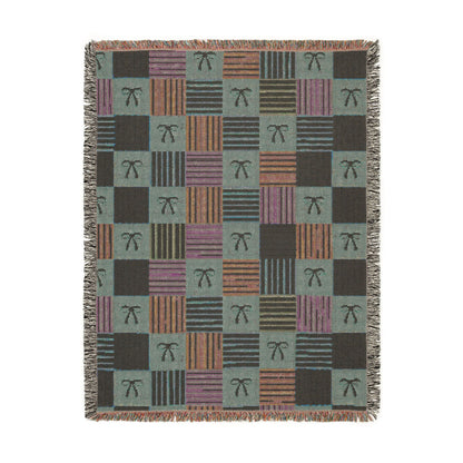 Cozy Patchwork & Pink Bows Woven Throw Blanket