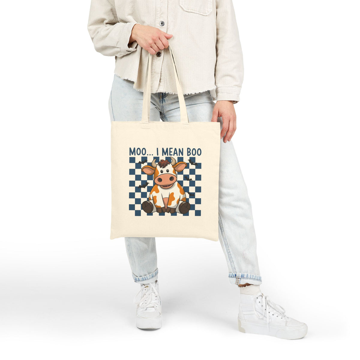 "Moo... I Mean Boo" Cute Halloween Cow Checkerboard Cotton Canvas Tote Bag