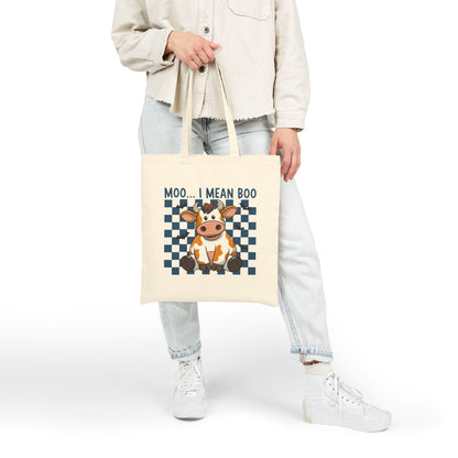 "Moo... I Mean Boo" Cute Halloween Cow Checkerboard Cotton Canvas Tote Bag