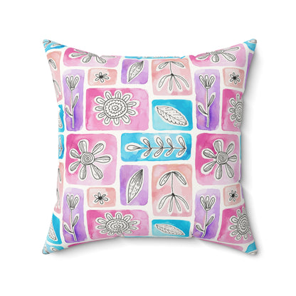 Watercolor Botanical Blocks Faux Suede Square Pillow | Minimalist Floral Accent Cushion