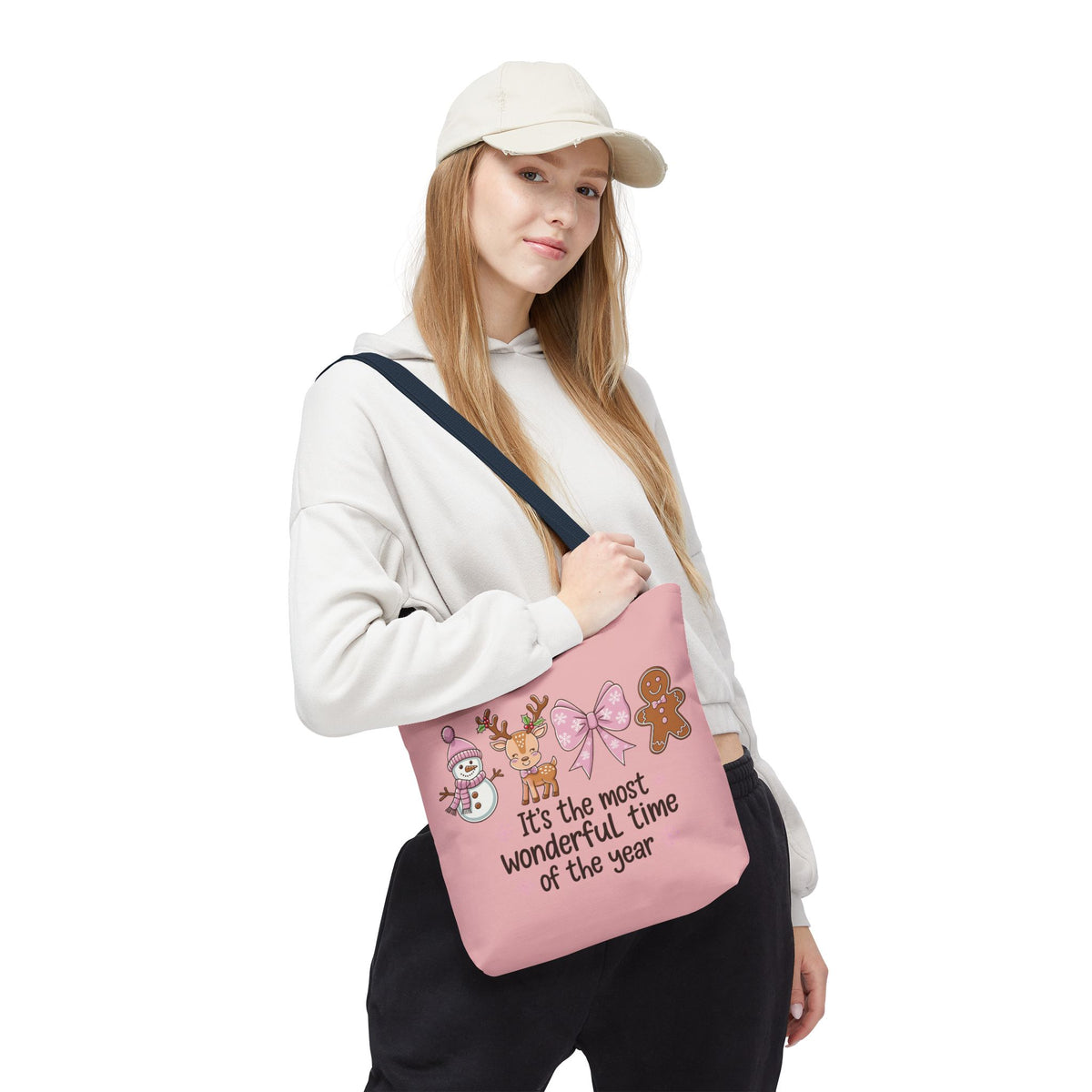 "It's The Most Wonderful Time Of The Year" Pink Holiday Icons Polyester Tote Bag