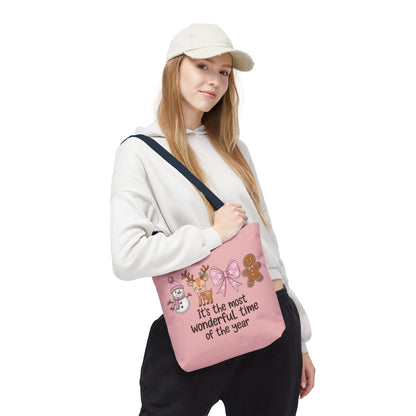 "It's The Most Wonderful Time Of The Year" Pink Holiday Icons Polyester Tote Bag