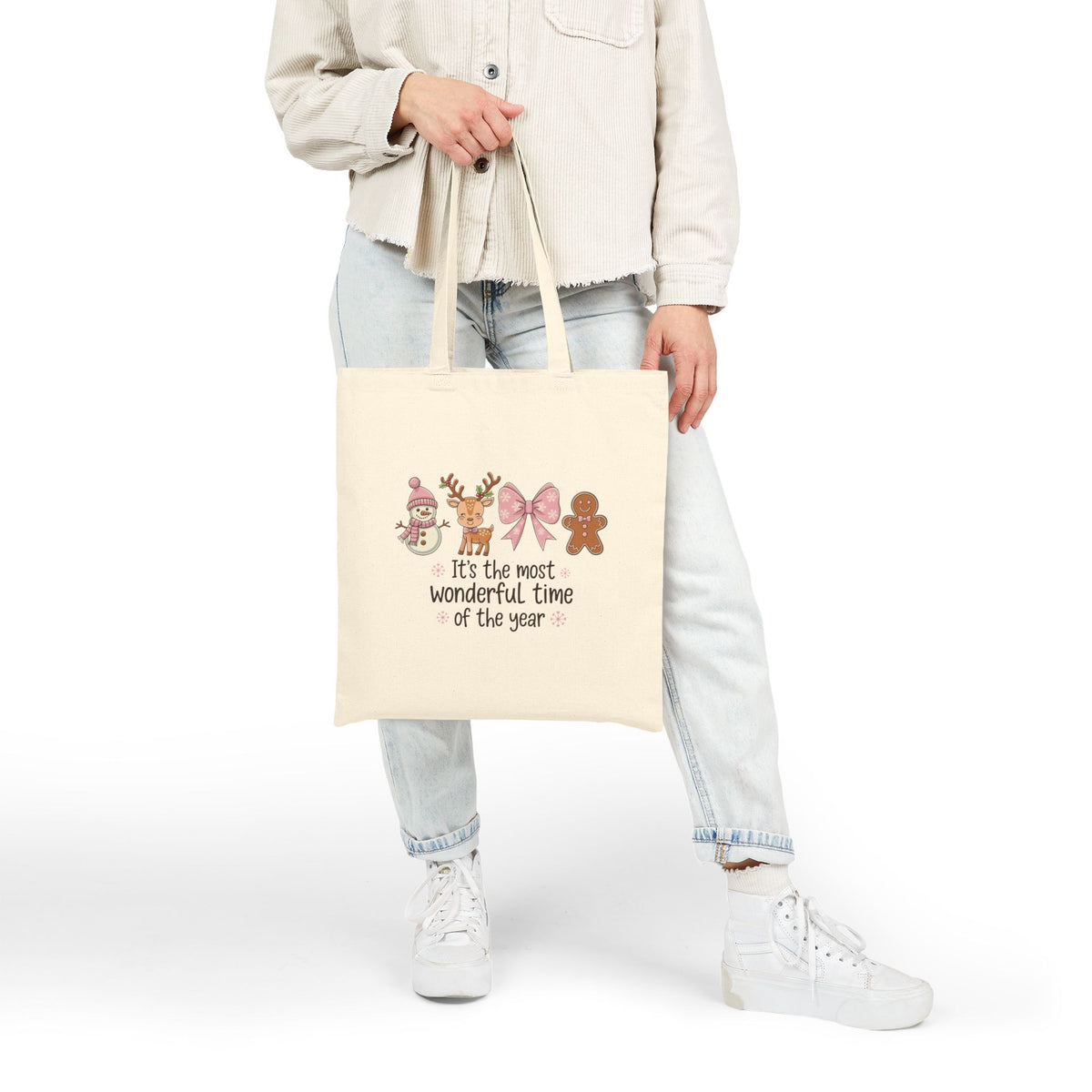 "It's The Most Wonderful Time Of The Year" Pink Holiday Icons Cotton Canvas Tote Bag