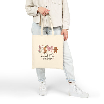 "It's The Most Wonderful Time Of The Year" Pink Holiday Icons Cotton Canvas Tote Bag