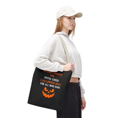 Halloween Jack-O'-Lantern Tote Bag — "Friendly Frights and Joyful Cheer" Trick-or-Treat Reusable Shopper