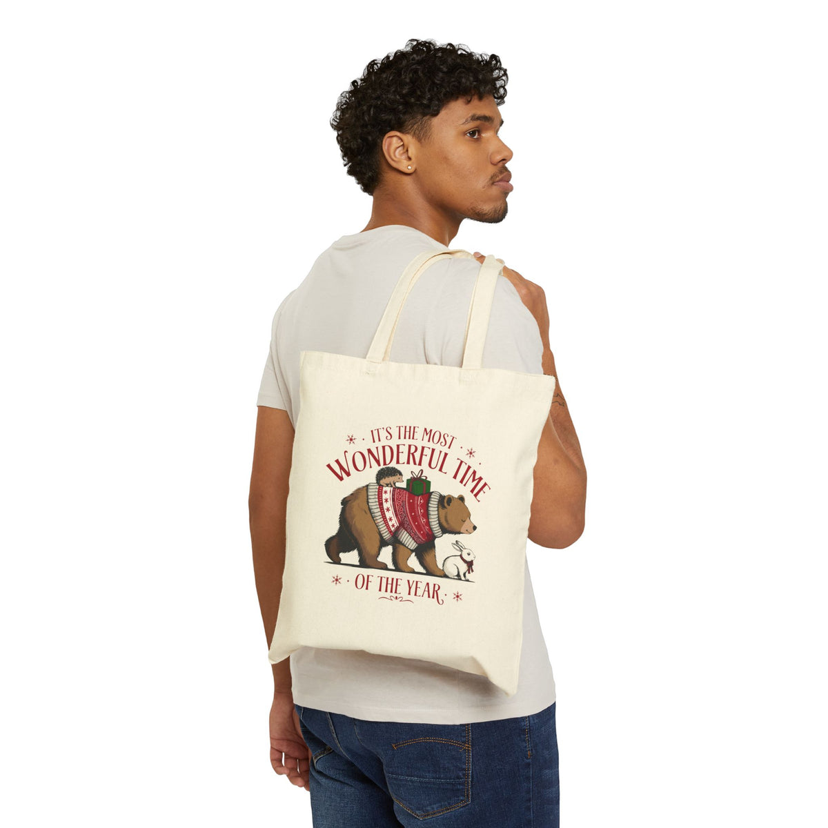"It's The Most Wonderful Time Of The Year" Christmas Bear Cotton Canvas Tote Bag